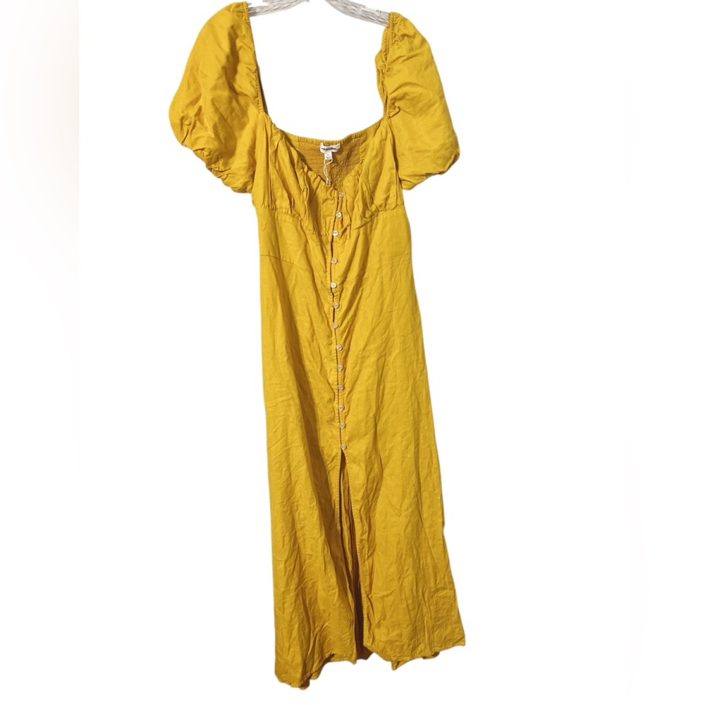 Prim Yellow Linen Blend‎ Puff Sleeve Button Front Maxi Dress Sz XL NWOT Summer